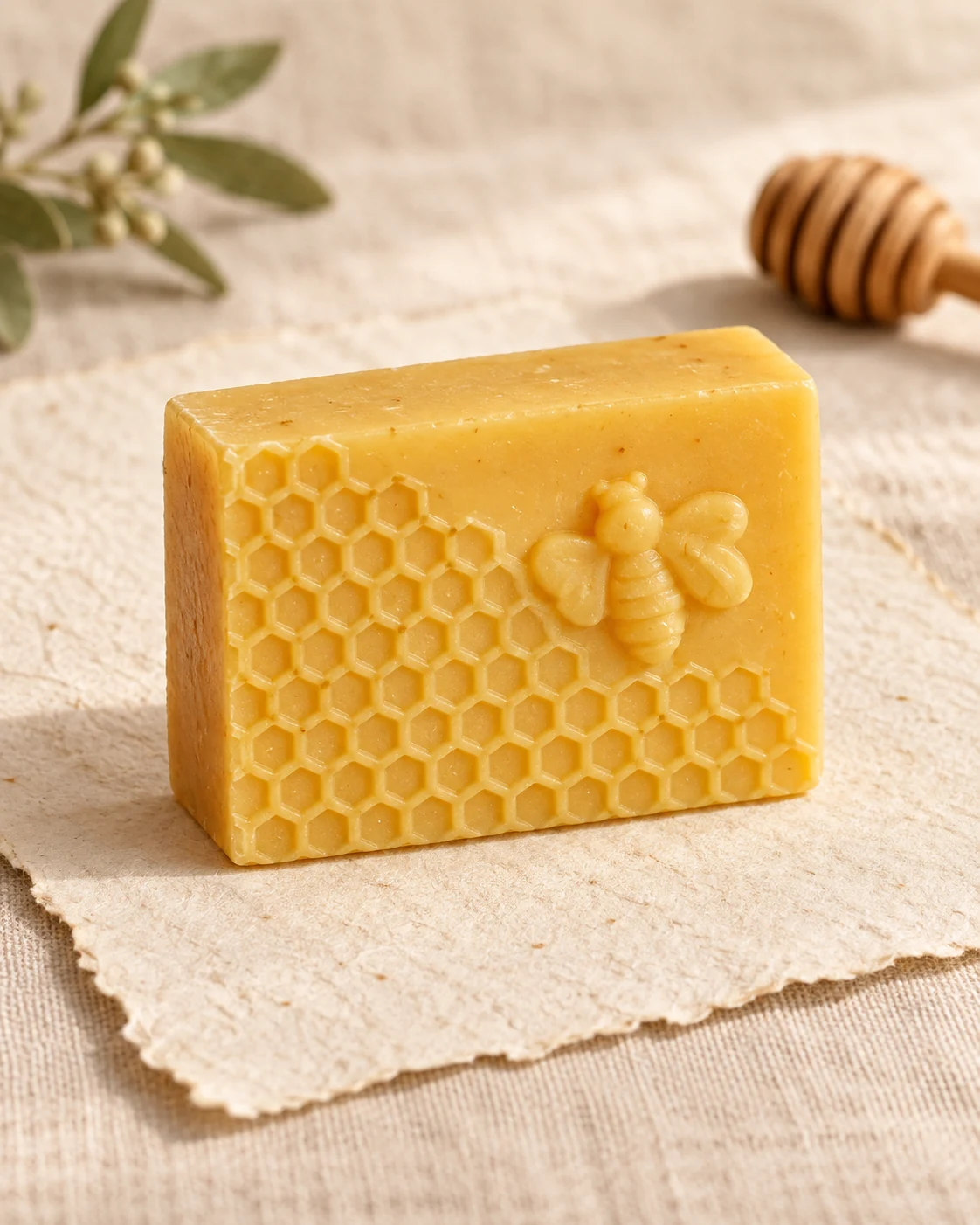 Jabón artesanal de miel con relieve de panal y abeja